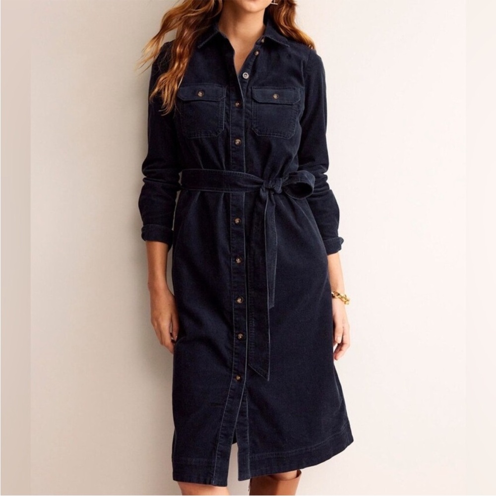 Boden Eloise Corduroy Navy Midi Shirt Dress Size 4 LONG
